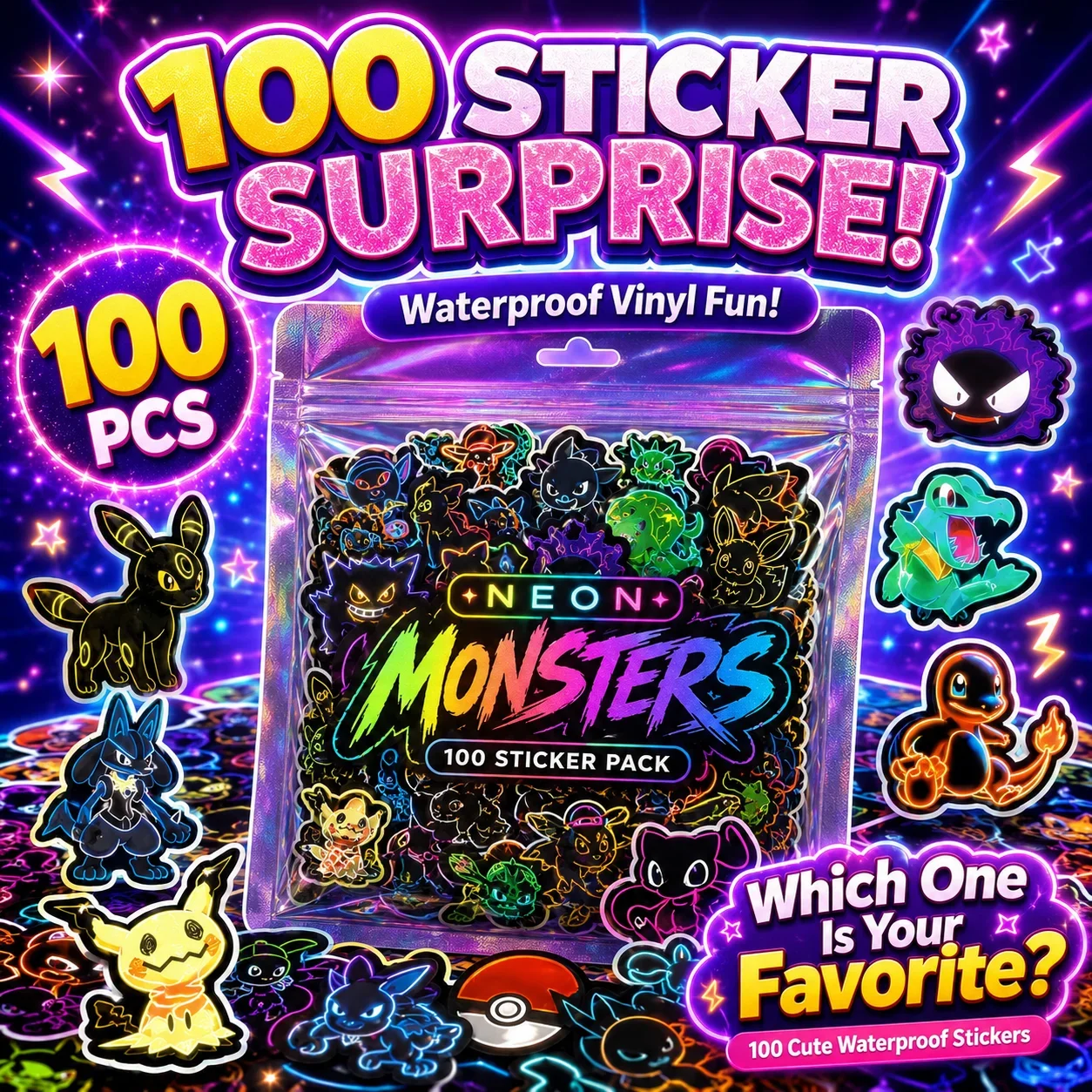 Wall Sticker - 100 autocollants Pokémon néon, imperméables, à